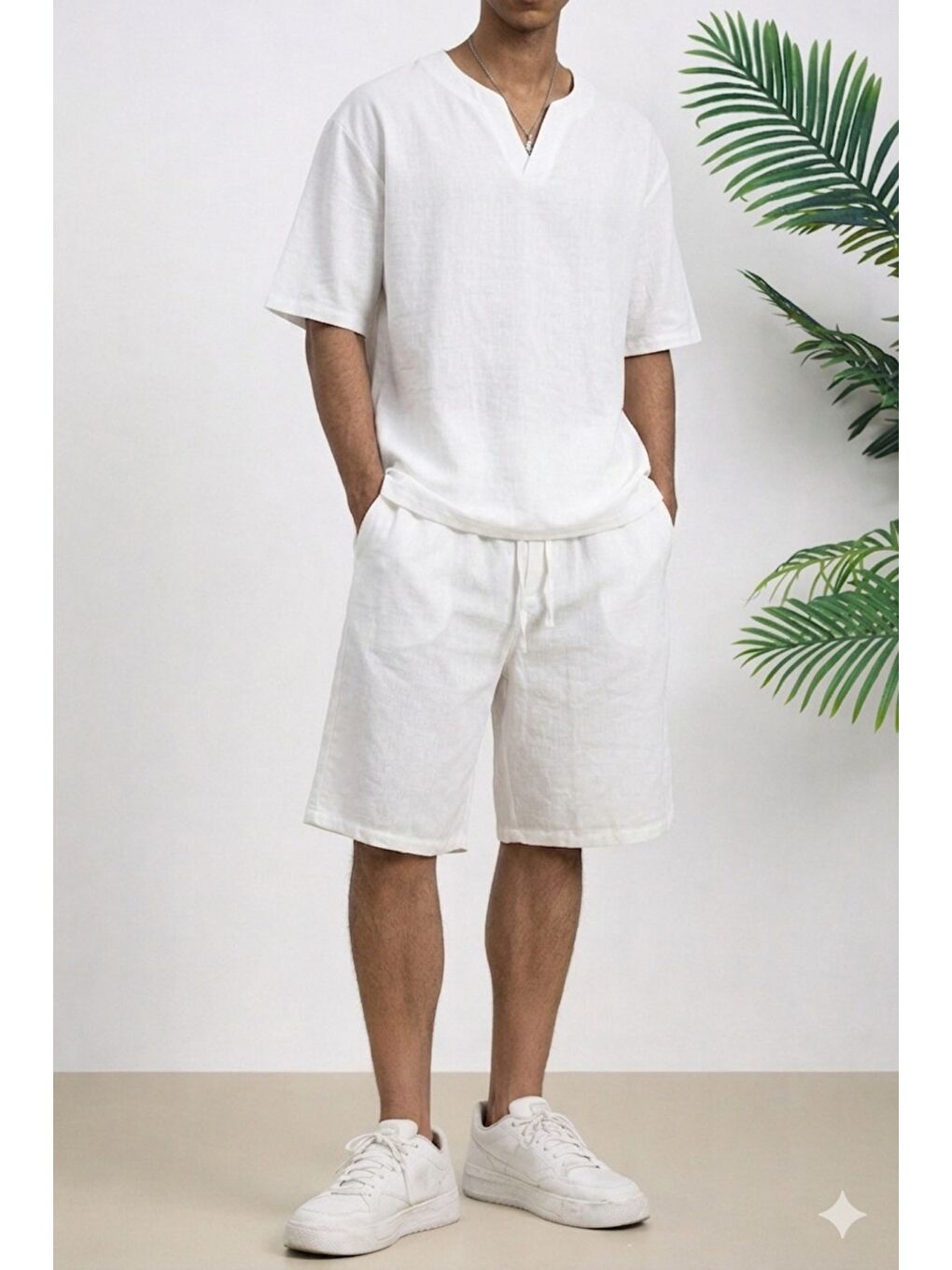 Beyaz Erkek Oversize Şort Takım V Yaka Yırtmaçlı Tişört Rahat Kesim Yazlık Takım