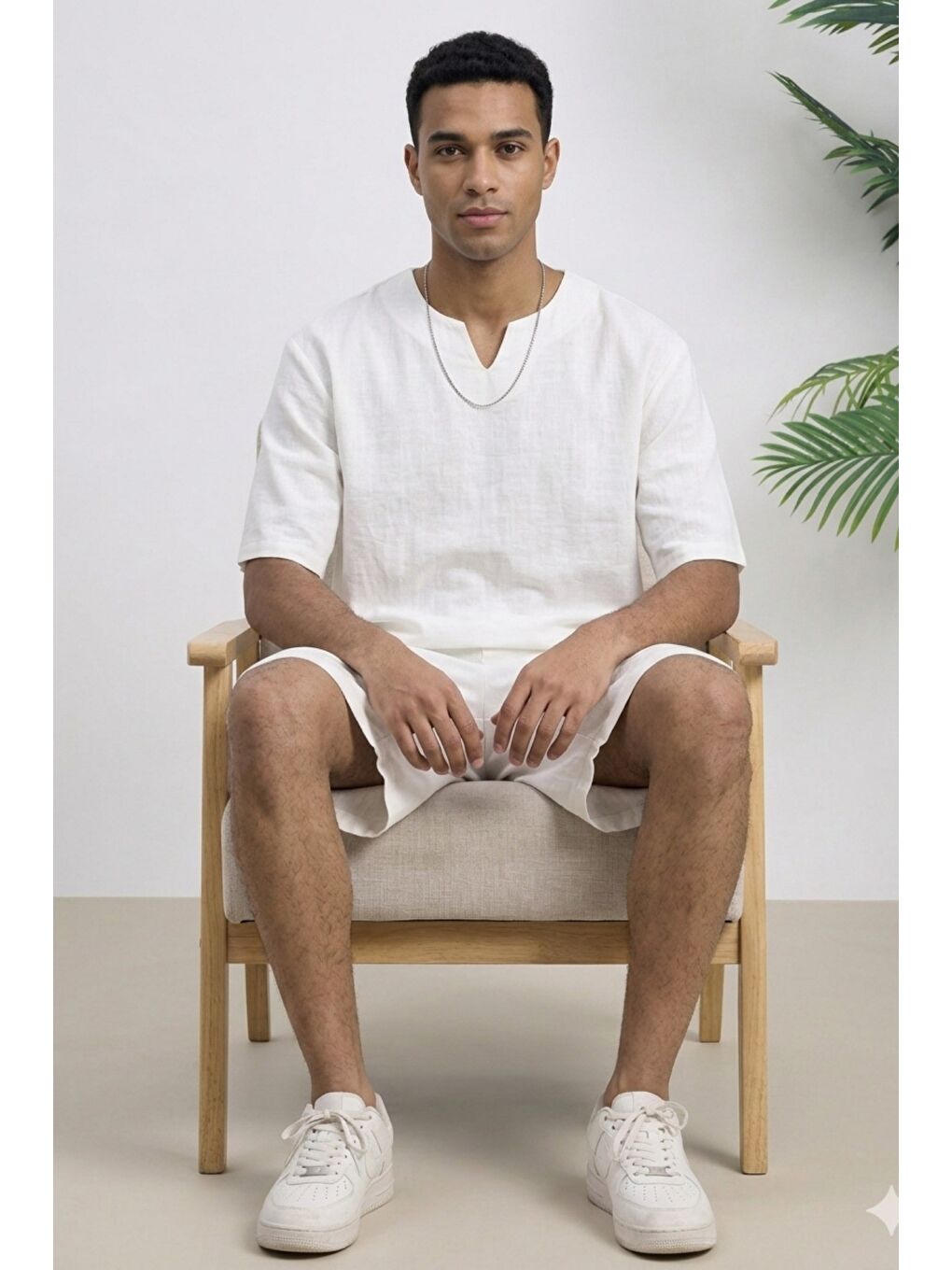 Beyaz Erkek Oversize Şort Takım V Yaka Yırtmaçlı Tişört Rahat Kesim Yazlık Takım-1