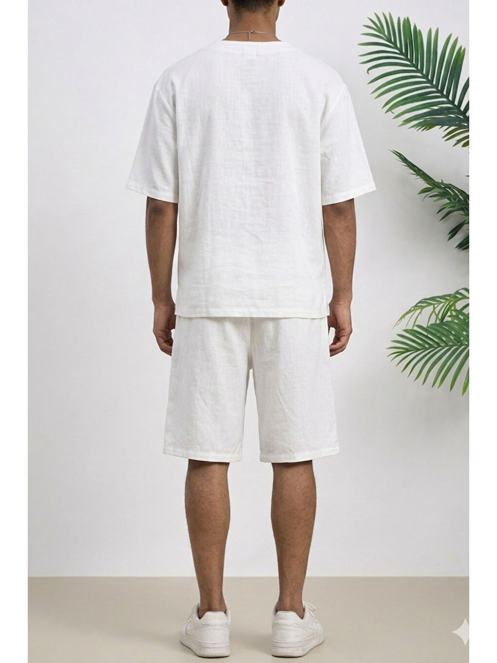 Beyaz Erkek Oversize Şort Takım V Yaka Yırtmaçlı Tişört Rahat Kesim Yazlık Takım-2