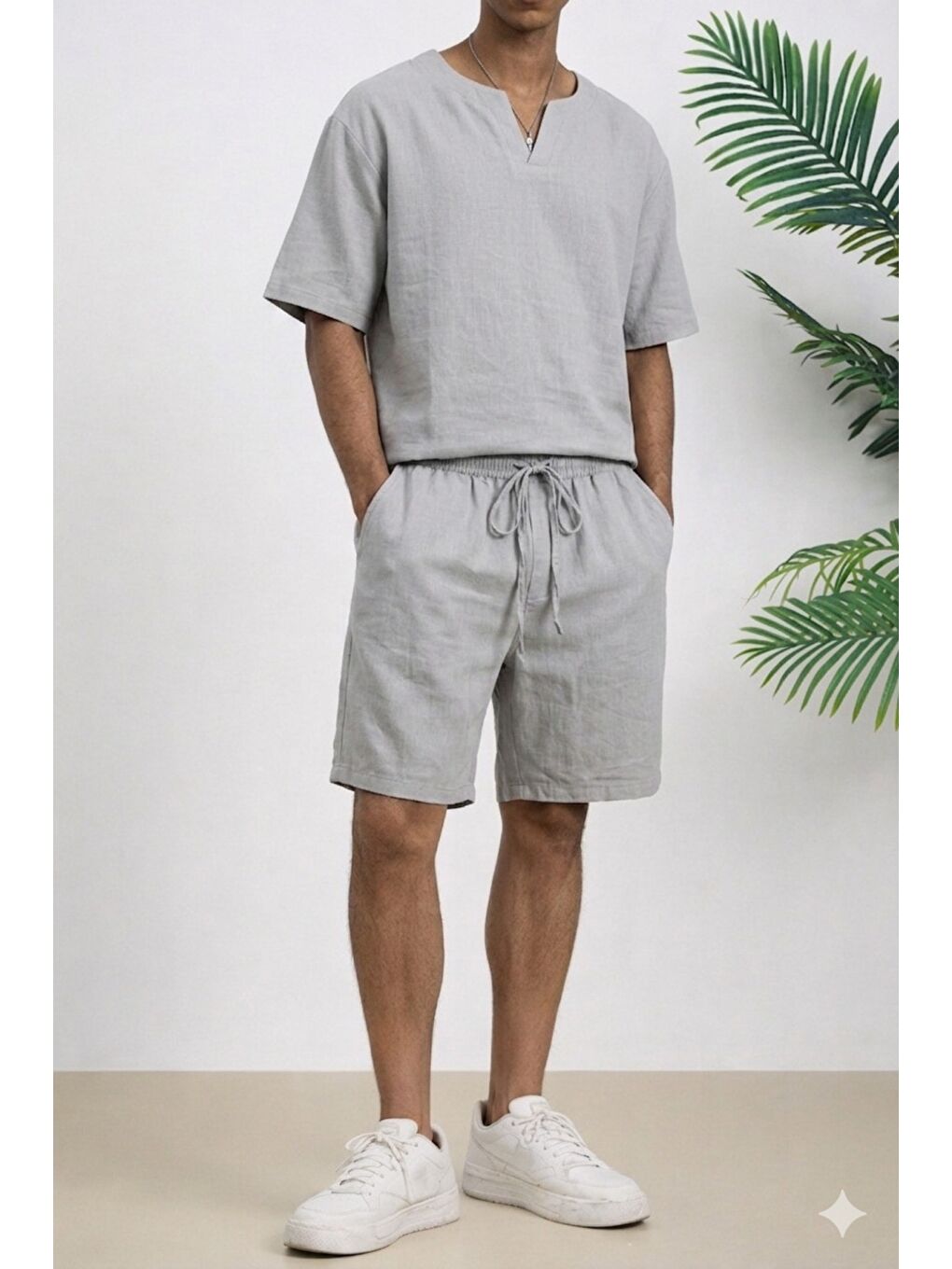 Gri Erkek Oversize Şort Takım V Yaka Yırtmaçlı Tişört Rahat Kesim Yazlık Takım