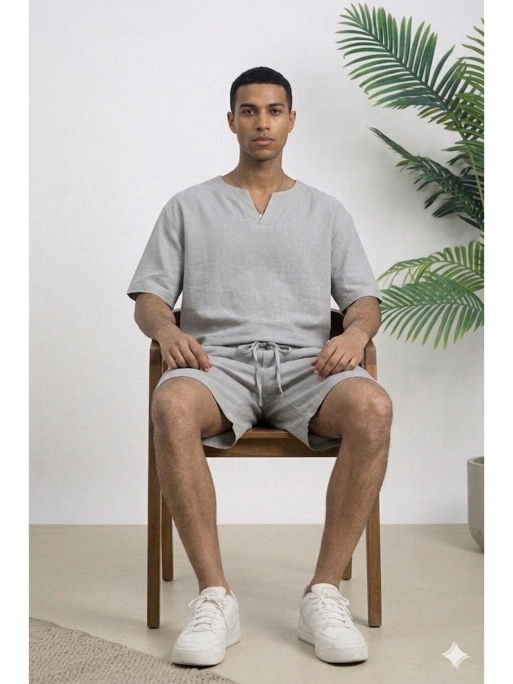 Gri Erkek Oversize Şort Takım V Yaka Yırtmaçlı Tişört Rahat Kesim Yazlık Takım-1
