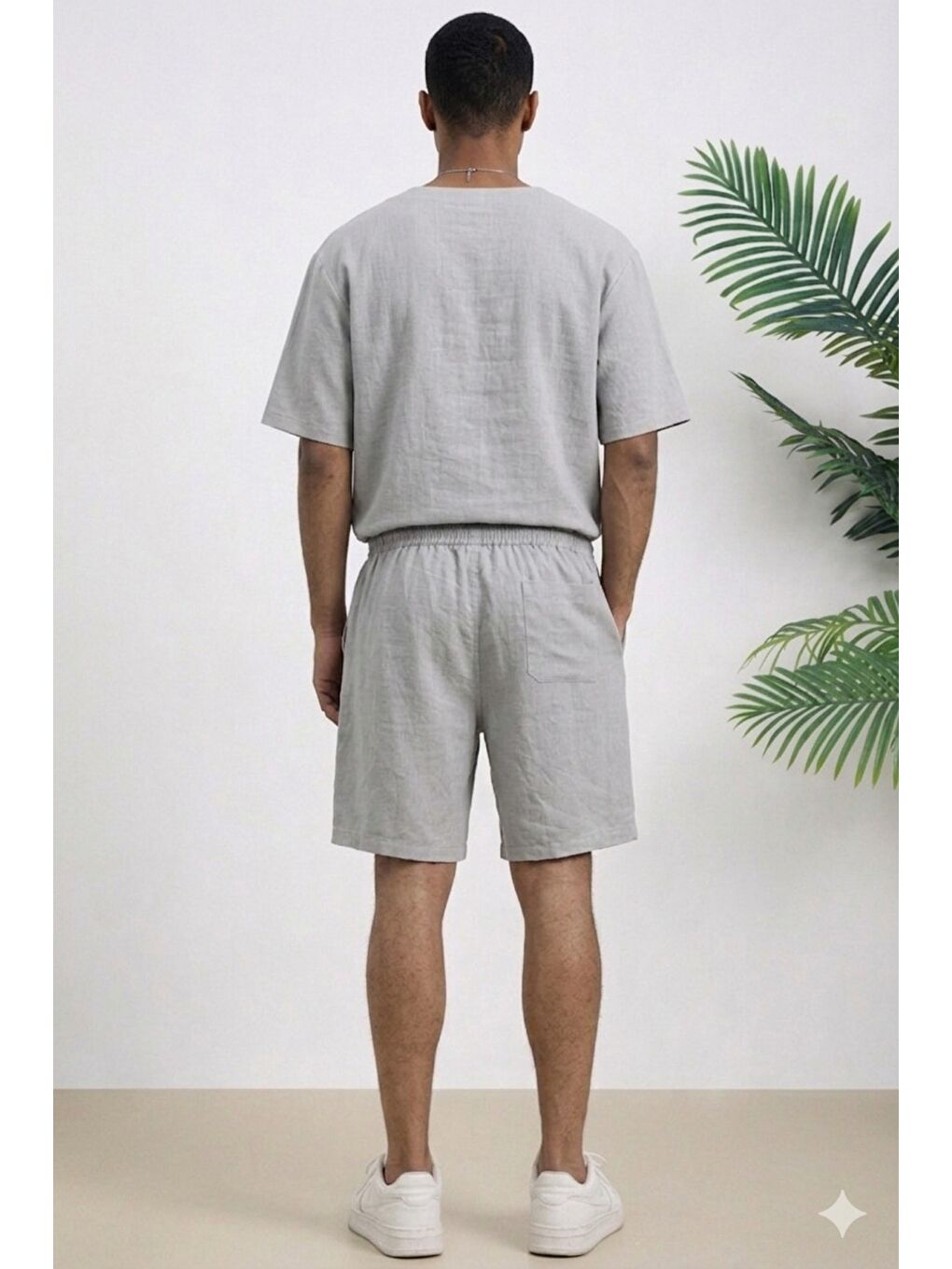 Gri Erkek Oversize Şort Takım V Yaka Yırtmaçlı Tişört Rahat Kesim Yazlık Takım-2