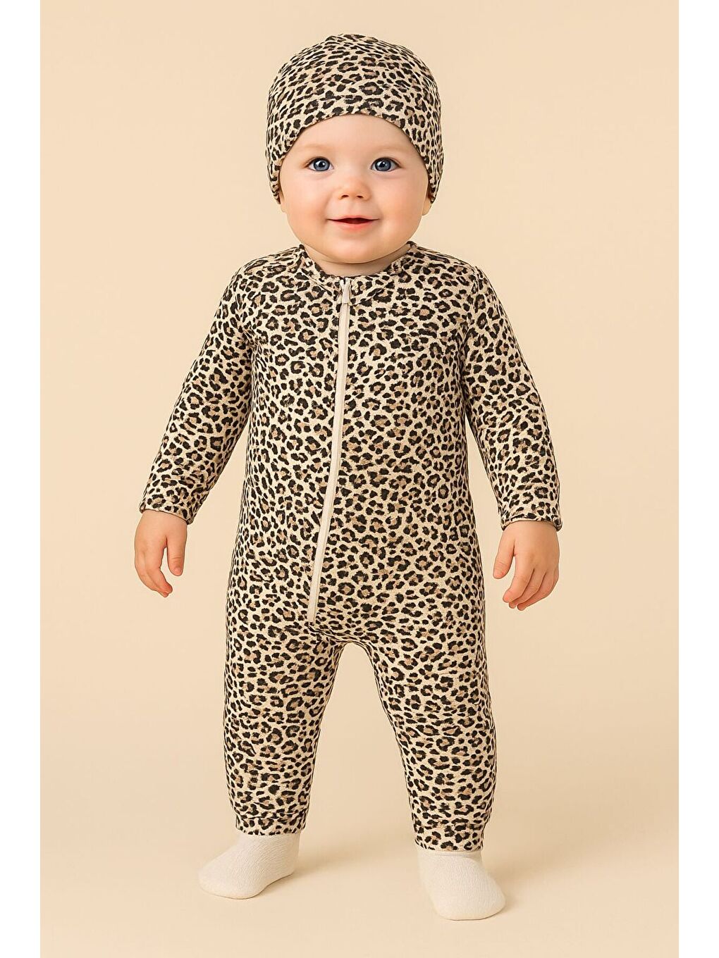 Kahverengi Kız Bebek Tulumu Leopar Desenli Pamuklu Ve Fermuarlı Şapka Hediyeli Uzun Kollu Bebek Tulumu 6-12 Ay