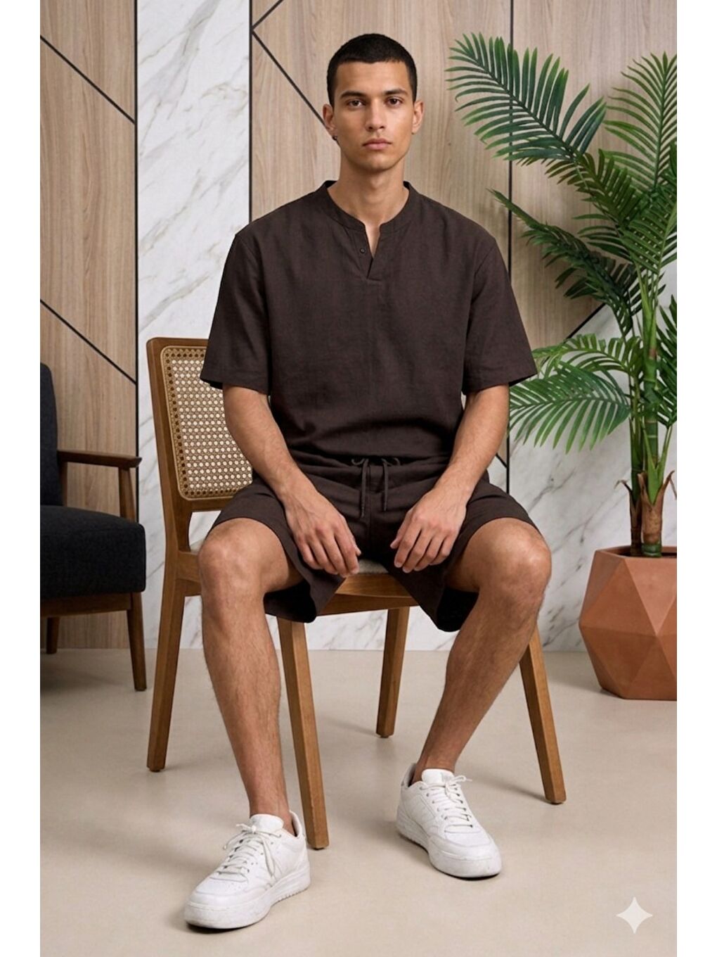 Kahverengi Erkek Oversize Şort Takım V Yaka Yırtmaçlı Tişört Rahat Kesim Yazlık Takım-1