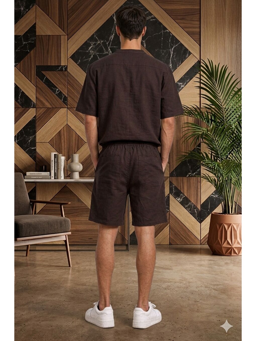 Kahverengi Erkek Oversize Şort Takım V Yaka Yırtmaçlı Tişört Rahat Kesim Yazlık Takım-2