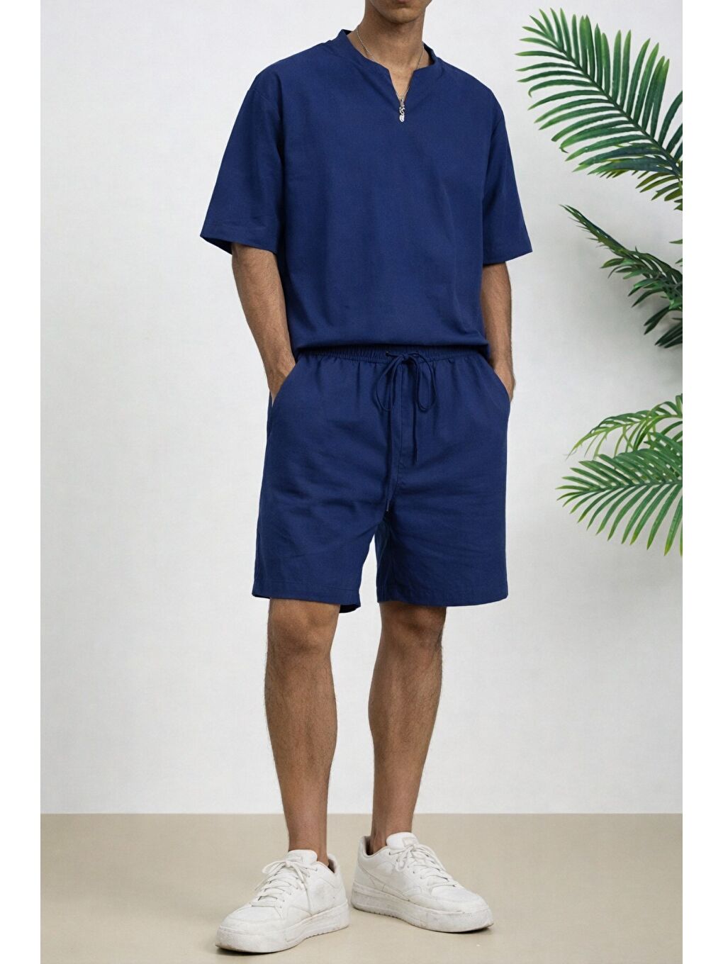Lacivert Erkek Oversize Şort Takım V Yaka Yırtmaçlı Tişört Rahat Kesim Yazlık Takım