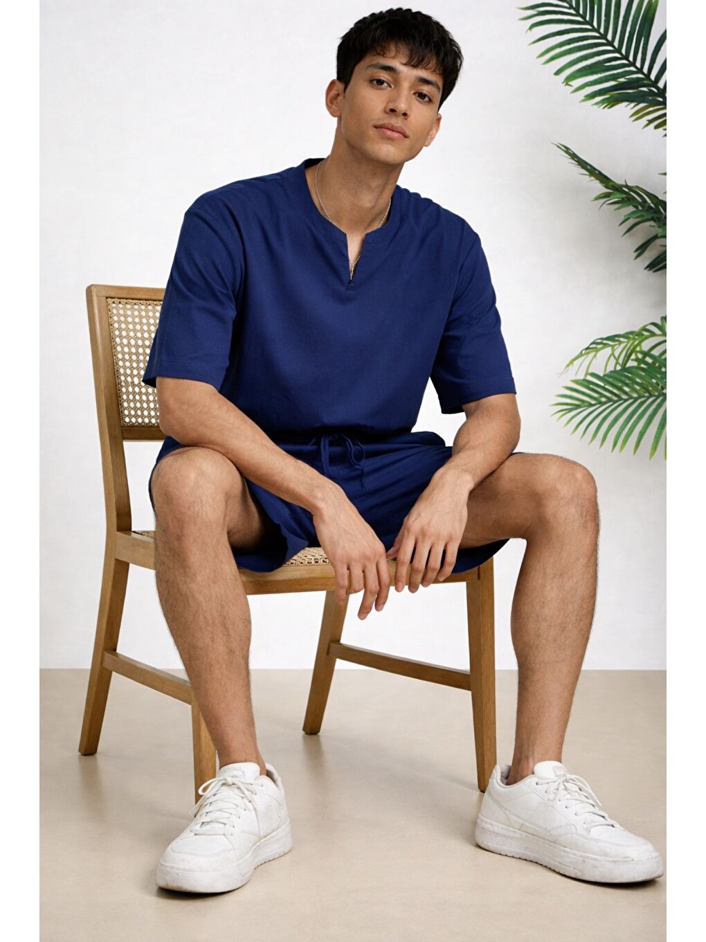 Lacivert Erkek Oversize Şort Takım V Yaka Yırtmaçlı Tişört Rahat Kesim Yazlık Takım-1