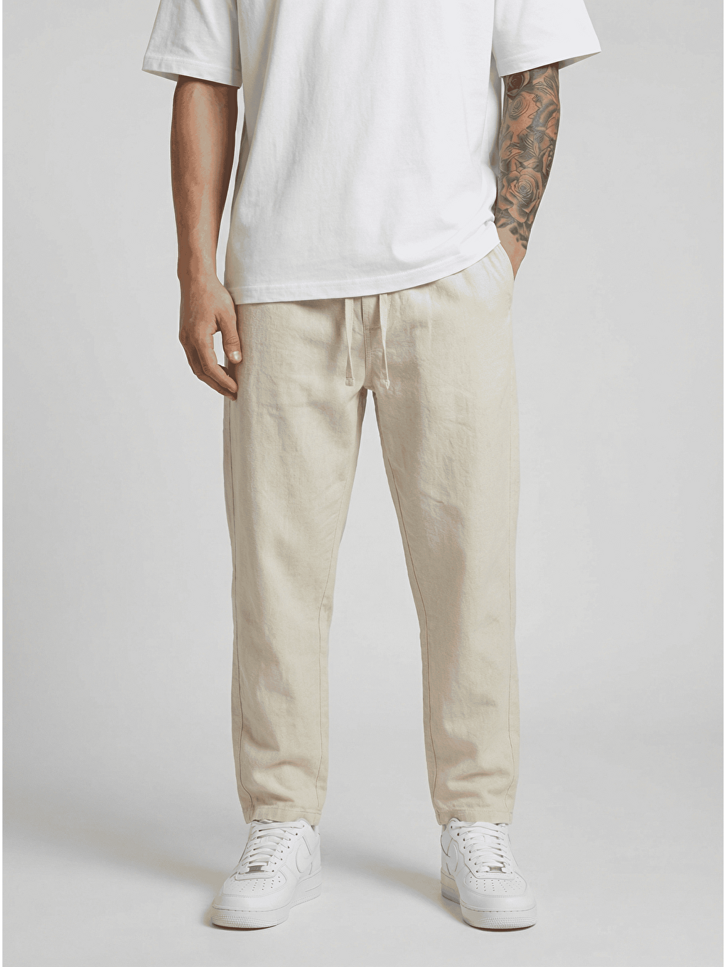 Erkek Beli Lastikli Bağcıklı Pamuk Keten Görünümlü Pantolon Bej