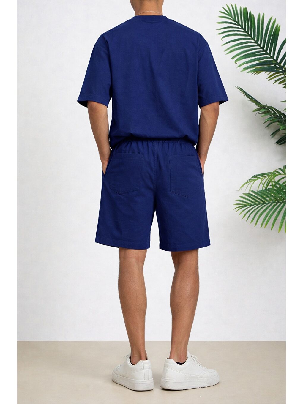 Lacivert Erkek Oversize Şort Takım V Yaka Yırtmaçlı Tişört Rahat Kesim Yazlık Takım-2