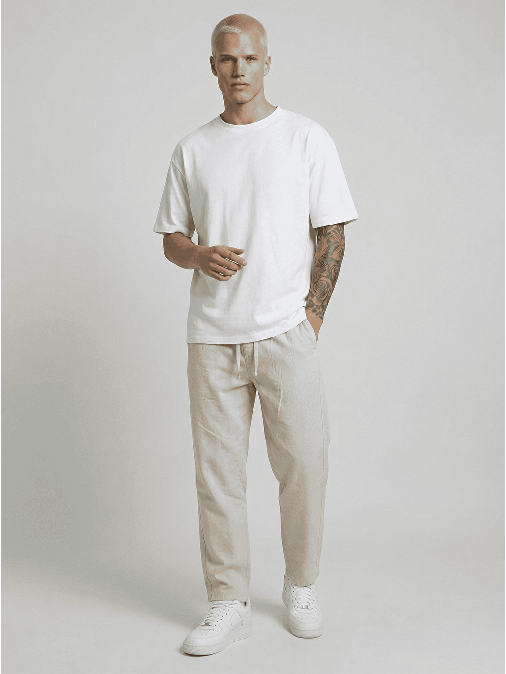 Erkek Beli Lastikli Bağcıklı Pamuk Keten Görünümlü Pantolon Bej-1