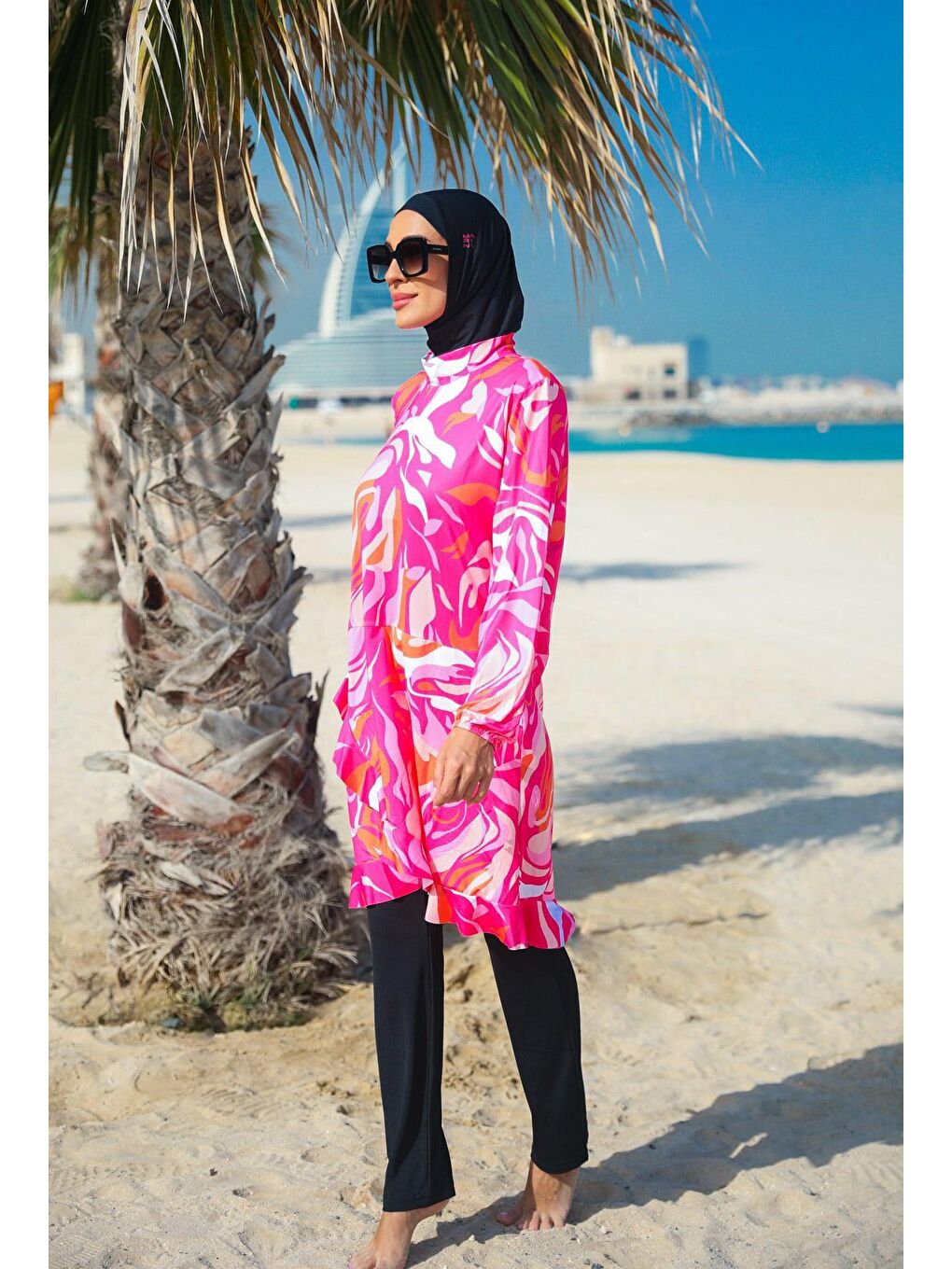 Desenli Fuşya Tam Kapalı Tesettür Mayo M2322-1