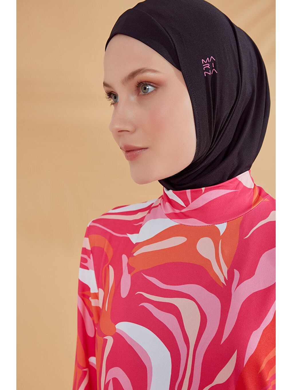 Desenli Fuşya Tam Kapalı Tesettür Mayo M2322-3