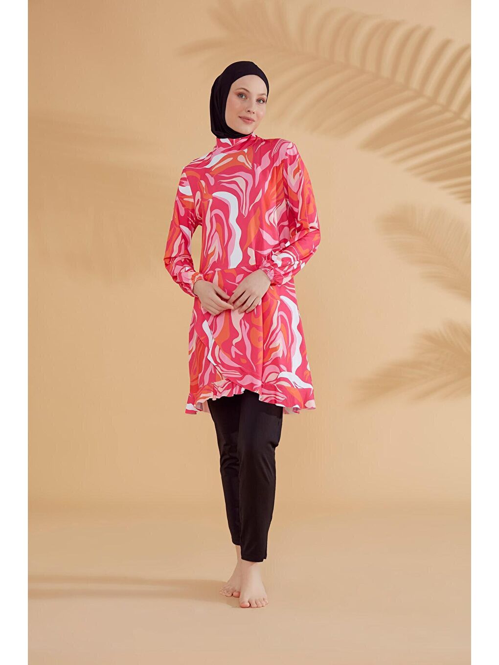 Desenli Fuşya Tam Kapalı Tesettür Mayo M2322-4