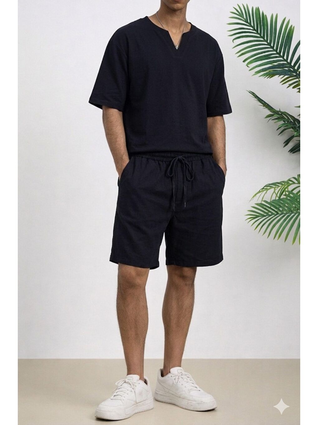 Siyah Erkek Oversize Şort Takım V Yaka Yırtmaçlı Tişört Rahat Kesim Yazlık Takım