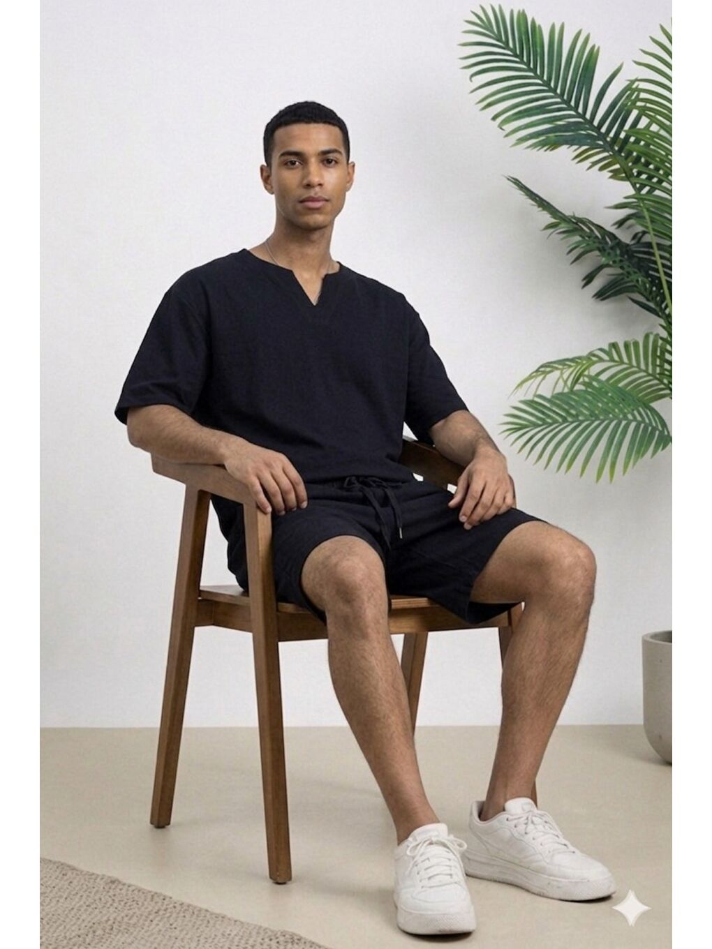 Siyah Erkek Oversize Şort Takım V Yaka Yırtmaçlı Tişört Rahat Kesim Yazlık Takım-1