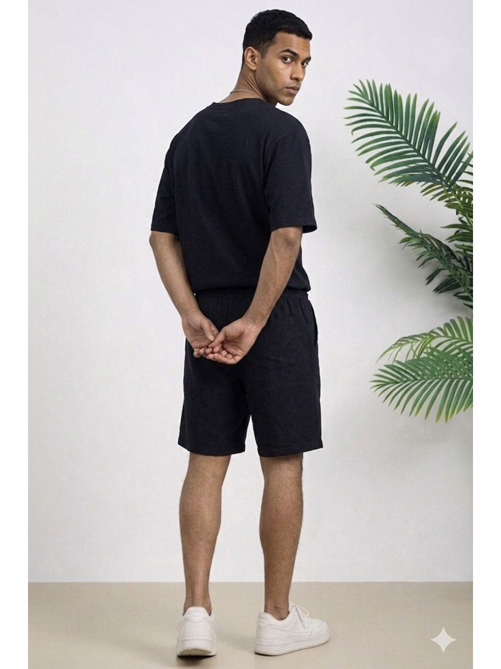 Siyah Erkek Oversize Şort Takım V Yaka Yırtmaçlı Tişört Rahat Kesim Yazlık Takım-2