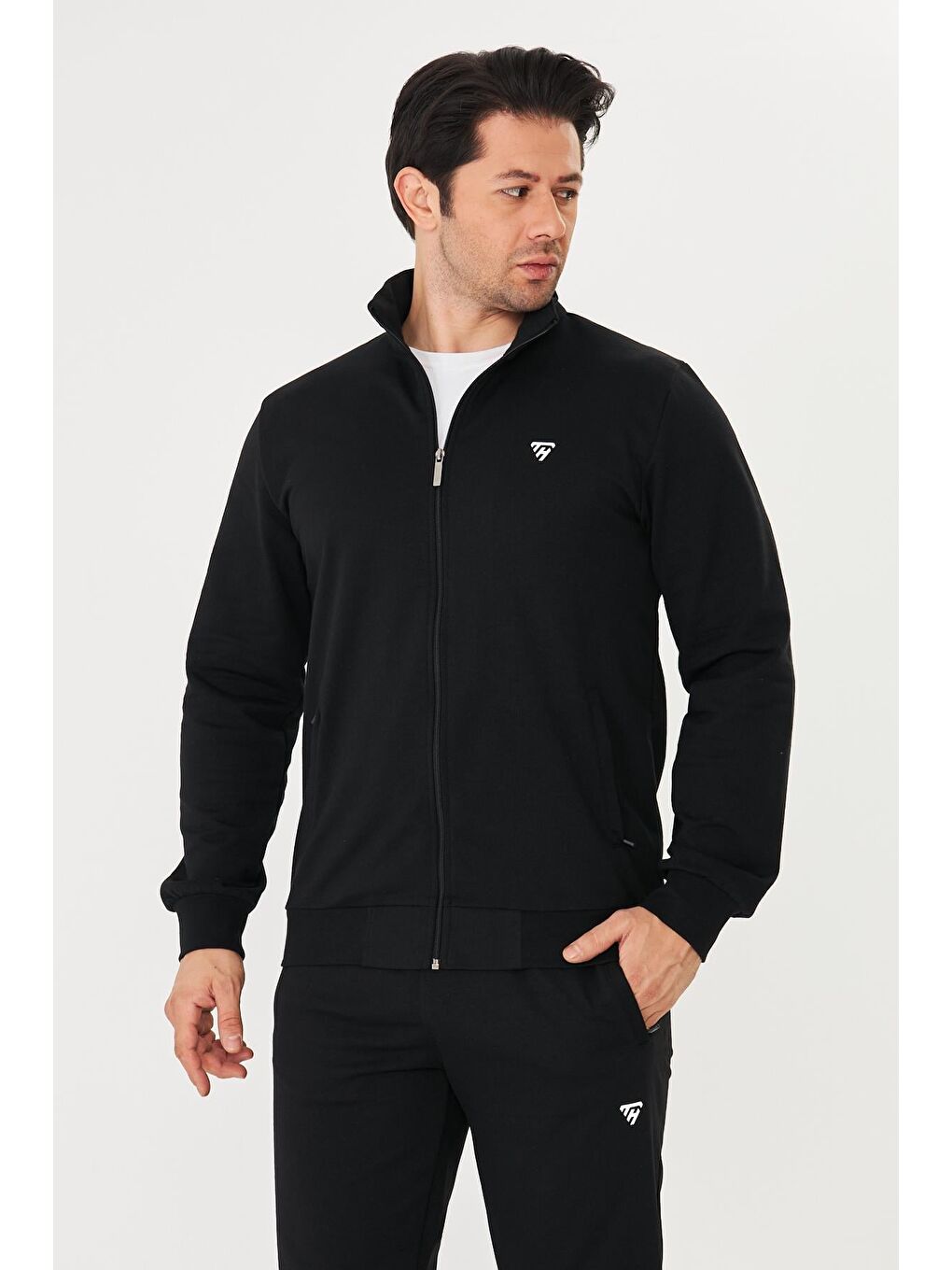 Erkek Pamuklu Fermuarlı Eşofman Takımı Siyah 9522-S-1