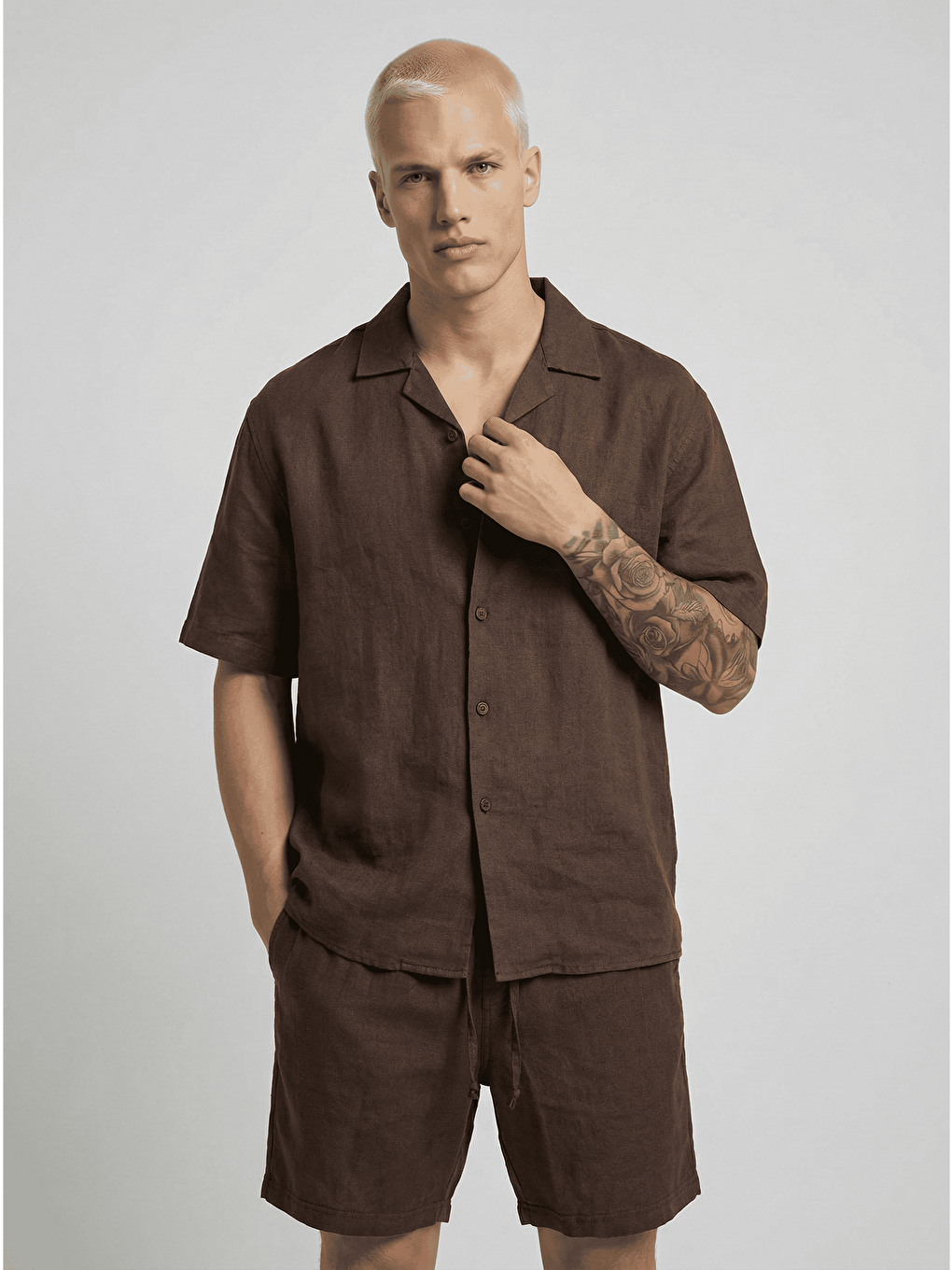 Erkek Pamuk Keten Gömlek Şort Takım Kahverengi-1