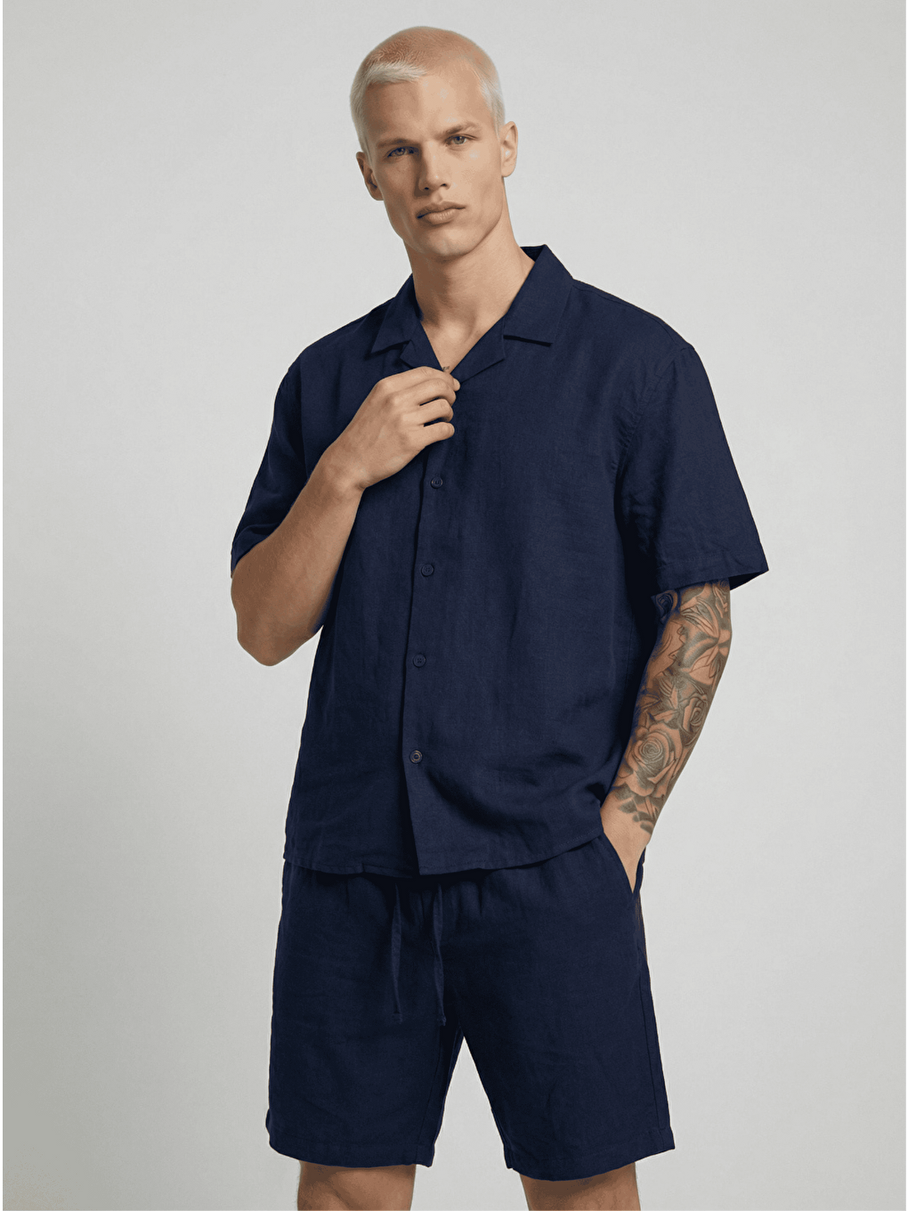 Erkek Pamuk Keten Gömlek Şort Takım Lacivert