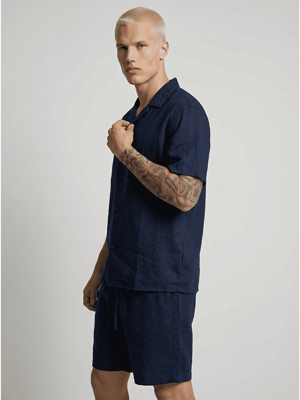 Erkek Pamuk Keten Gömlek Şort Takım Lacivert-1