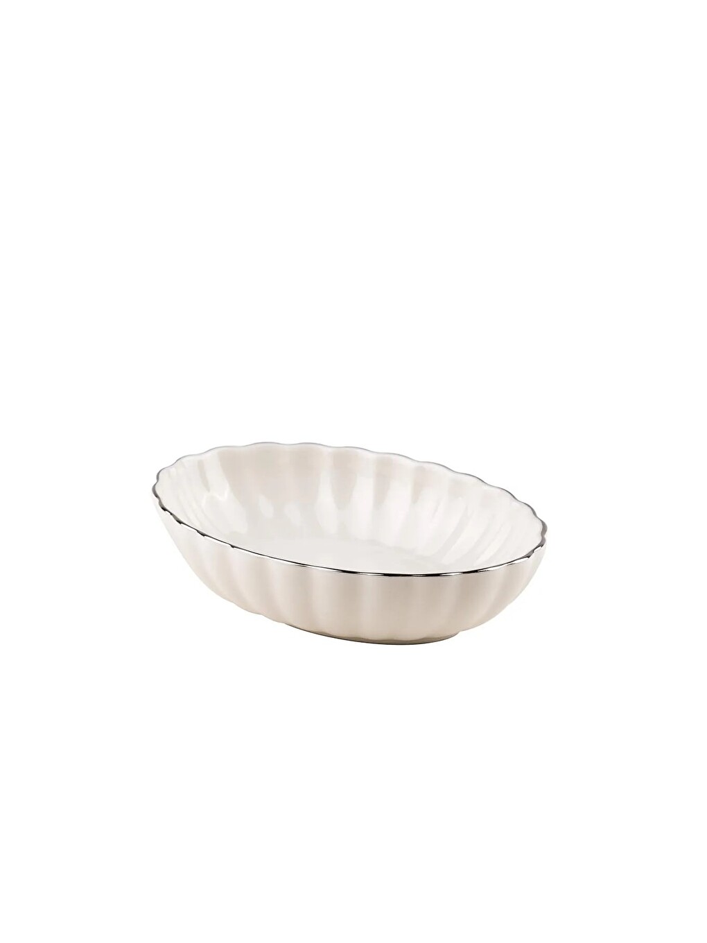 Ekru Bone Luz Form Oval Kayık Tabak Platin File 15cm Tekli