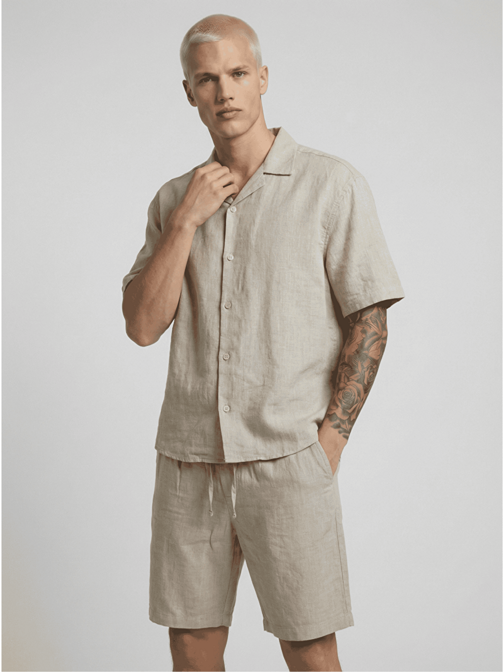 Erkek Pamuk Keten Gömlek Şort Takım Bej
