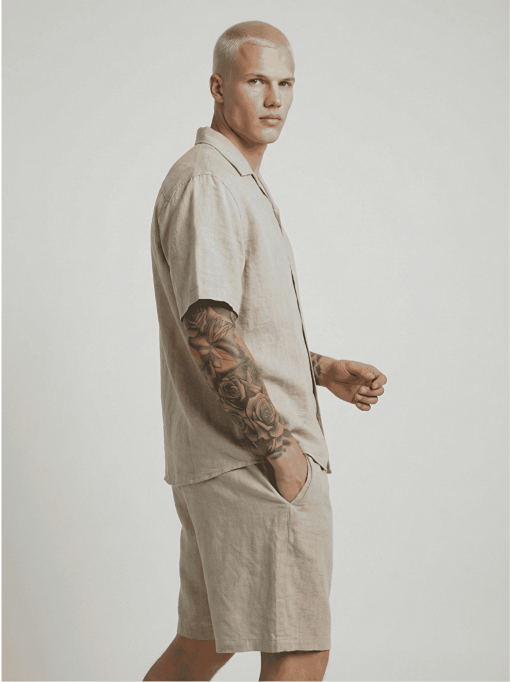 Erkek Pamuk Keten Gömlek Şort Takım Bej-1