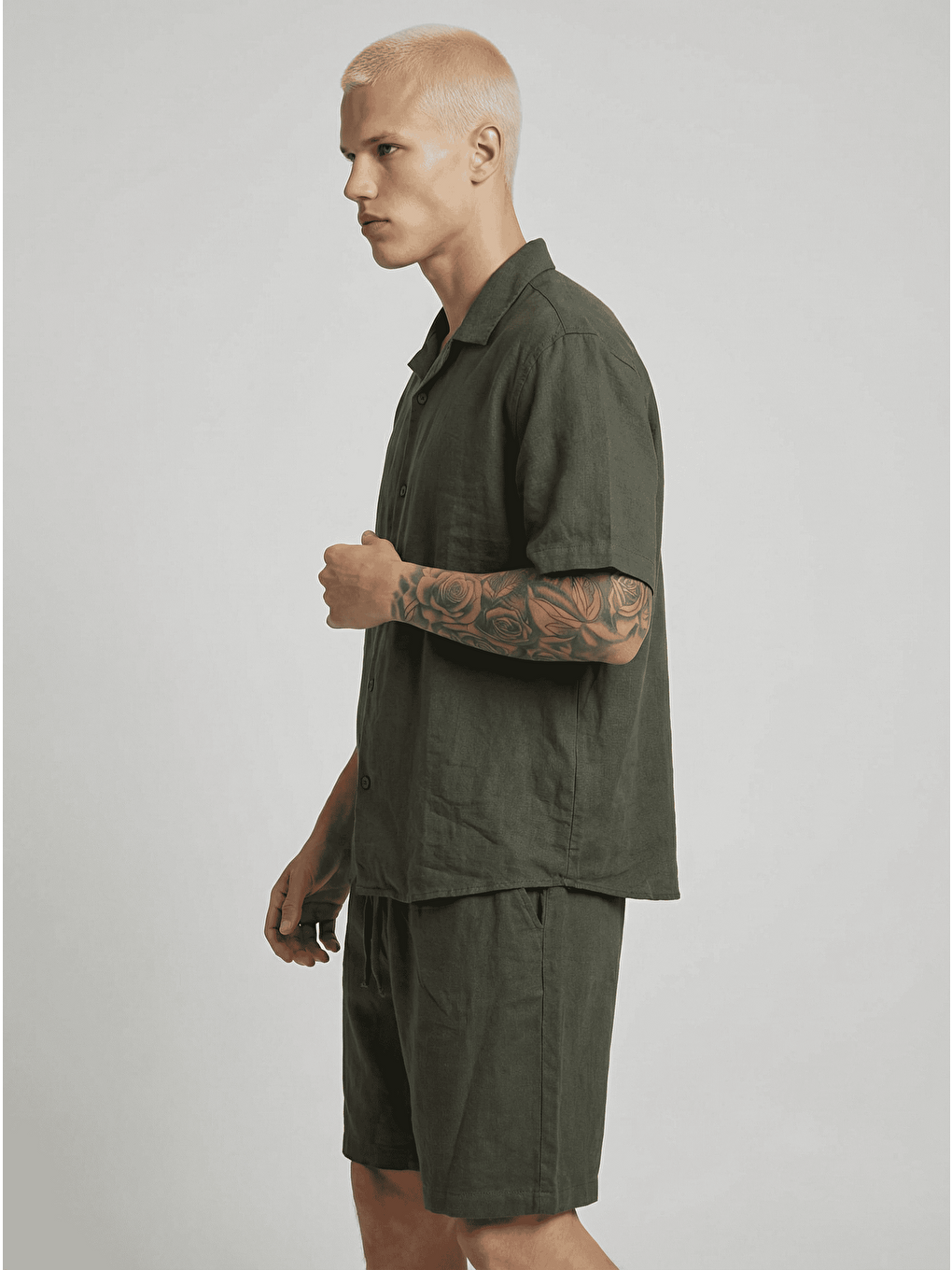 Erkek Pamuk Keten Gömlek Şort Takım Haki-1