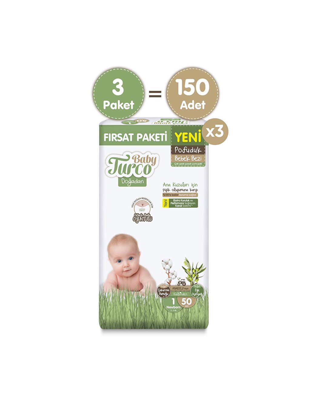 Doğadan Süper Fırsat Paketi Pofuduk Bebek Bezi 1 Numara Newborn 150 Adet-1