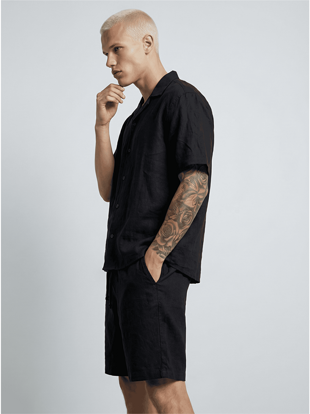 Erkek Pamuk Keten Gömlek Şort Takım Siyah-1