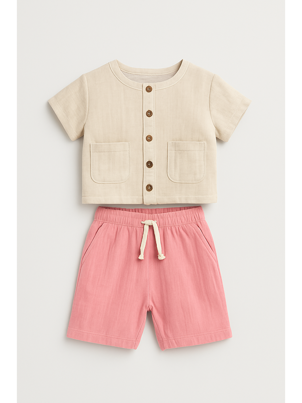 Karışık Erkek Çocuk Pamuklu Bej Düğmeli Cep Detaylı T-Shirt Ve Pembe Şort Takım