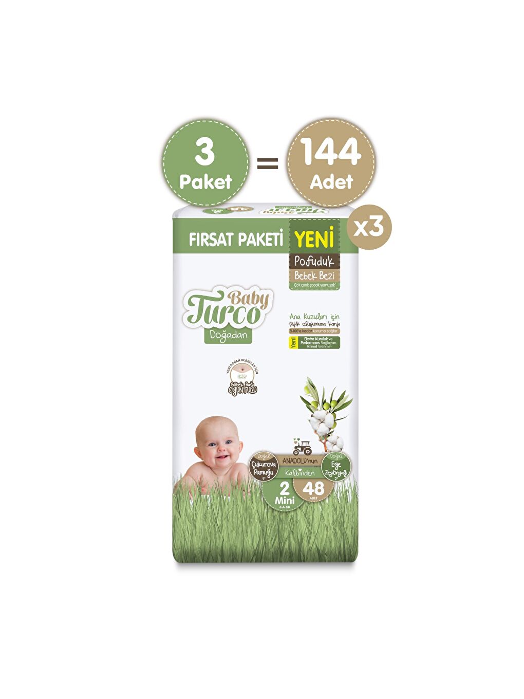 Doğadan Süper Fırsat Paketi Pofuduk Bebek Bezi 2 Numara Mini 144 Adet-1