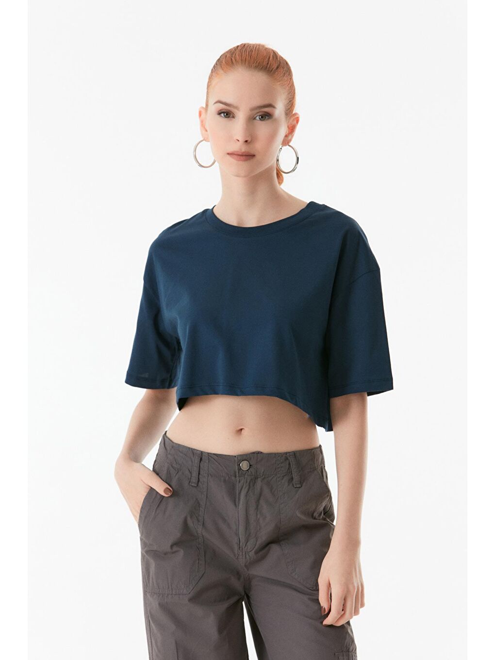 Lacivert Basic Bisiklet Yaka Oversize Crop Tişört