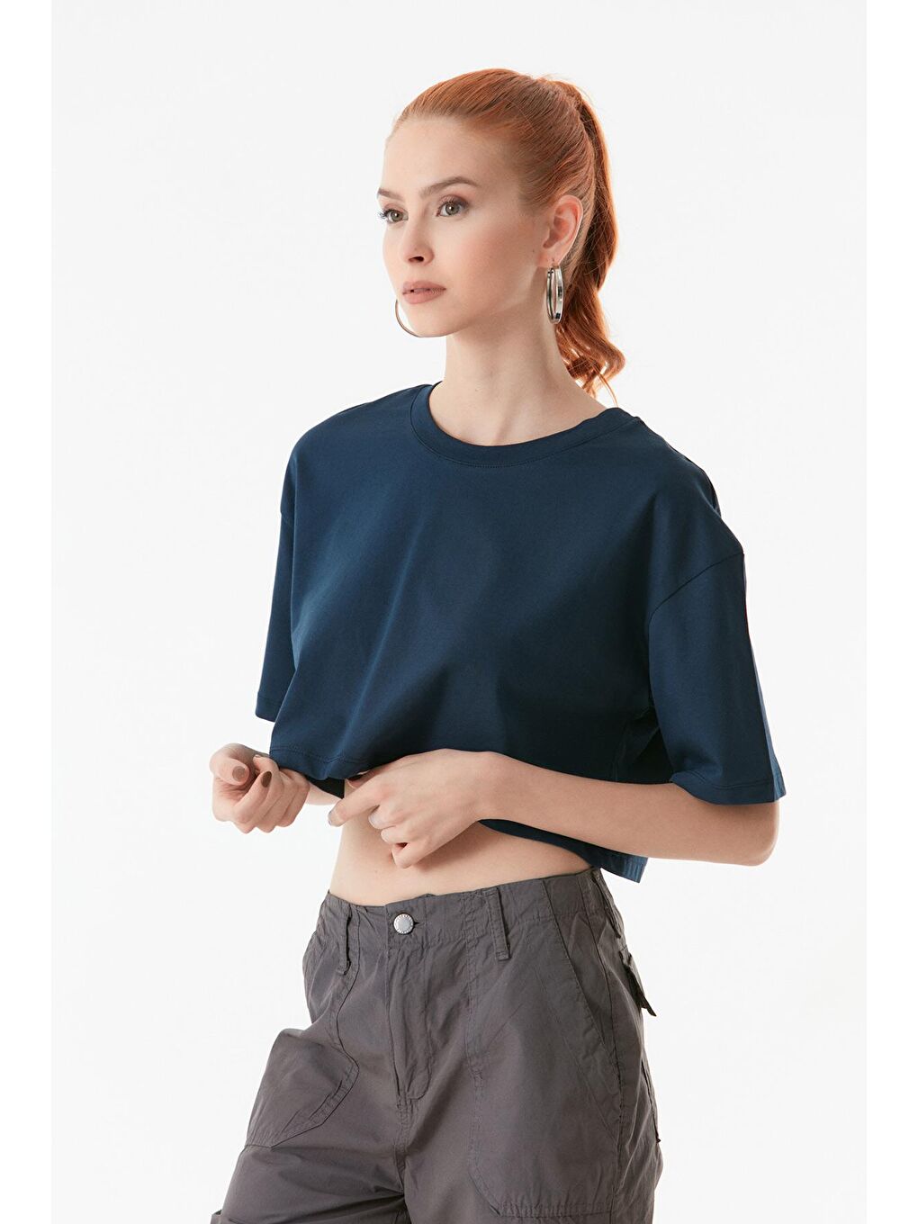 Lacivert Basic Bisiklet Yaka Oversize Crop Tişört-1