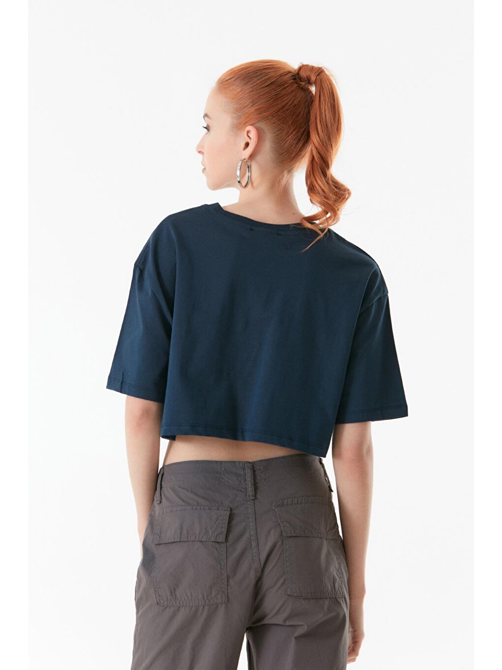 Lacivert Basic Bisiklet Yaka Oversize Crop Tişört-2