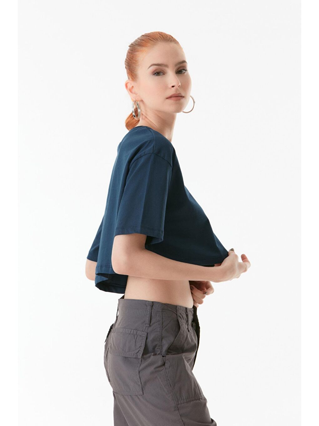 Lacivert Basic Bisiklet Yaka Oversize Crop Tişört-4