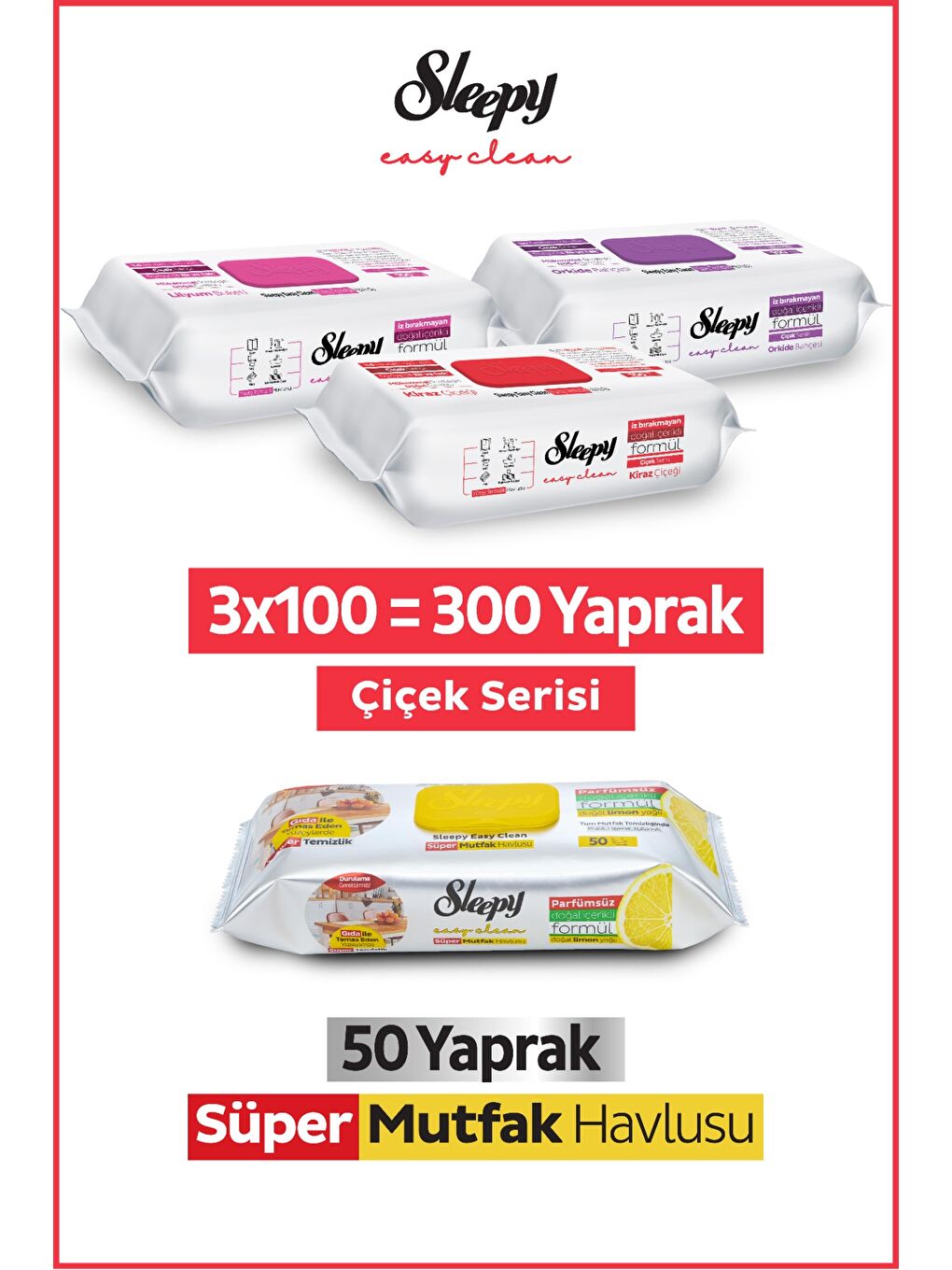 Easy Clean Çiçek Serisi&Limon Yağlı Süper Mutfak Yüzey Temizlik Havlusu&Mendili(3x100+50)