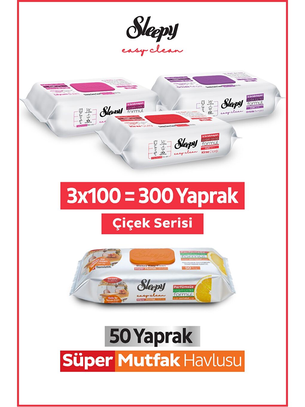 Easy Clean Çiçek Serisi&Portakal Yağlı Süper Mutfak Yüzey Temizlik Havlusu&Mendili(3x100+50)