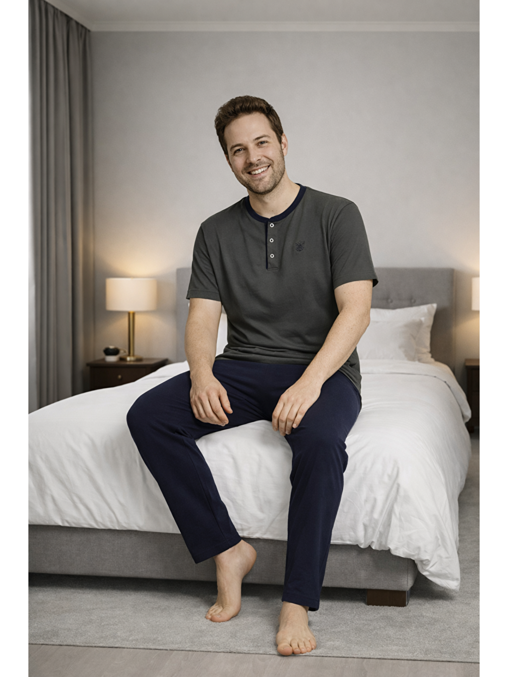 Antrasit Erkek %100 Doğal Pamuk Kısa Kollu Düğmeli Yüksek Kaliteli Battal Pijama Takımı