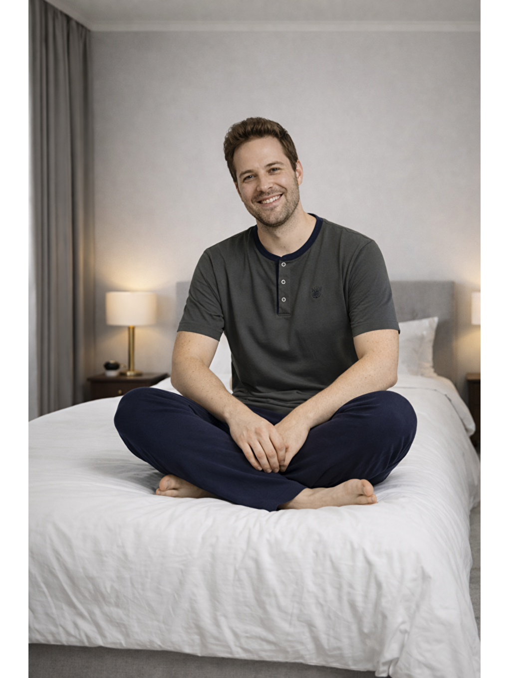 Antrasit Erkek %100 Doğal Pamuk Kısa Kollu Düğmeli Yüksek Kaliteli Battal Pijama Takımı-2