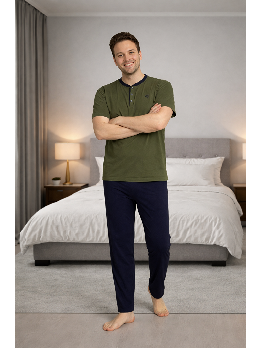 Haki Erkek %100 Doğal Pamuk Kısa Kollu Düğmeli Yüksek Kaliteli Battal Pijama Takımı-1