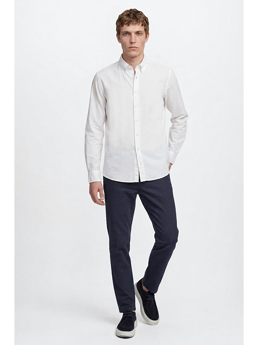 Erkek Beyaz %100 Pamuk Slim Fit Dar Kesim Düğmeli Yaka Gofre Desenli Gömlek-1