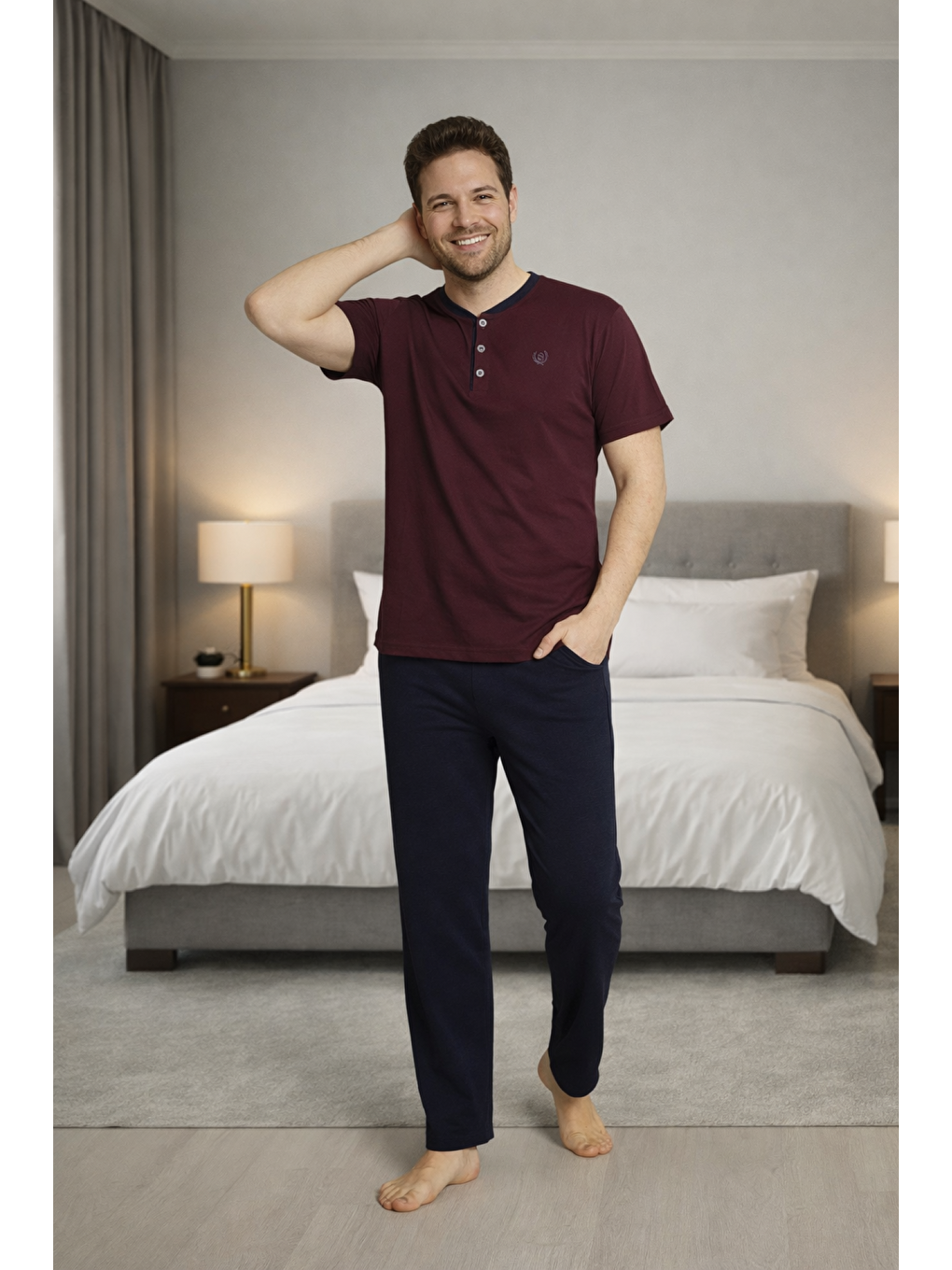 Mürdüm Erkek %100 Doğal Pamuk Kısa Kollu Düğmeli Yüksek Kaliteli Battal Pijama Takımı