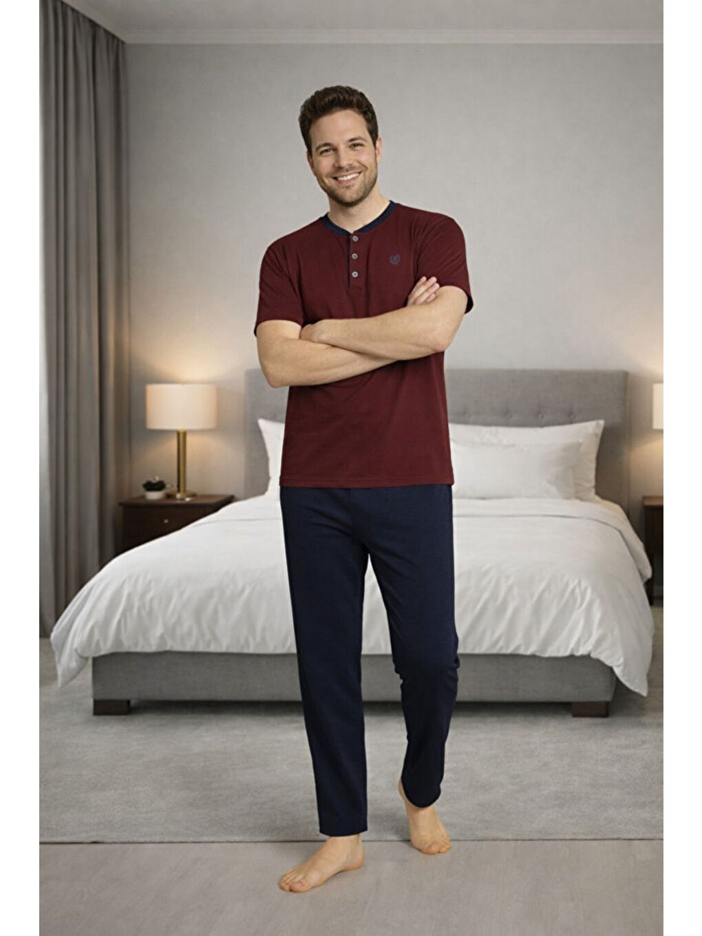 Bordo Erkek %100 Doğal Pamuk Kısa Kollu Düğmeli Yüksek Kaliteli Battal Pijama Takımı