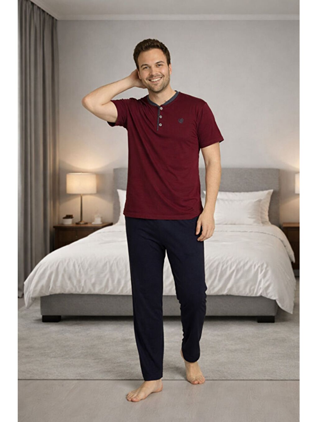 Bordo Erkek %100 Doğal Pamuk Kısa Kollu Düğmeli Yüksek Kaliteli Battal Pijama Takımı-1