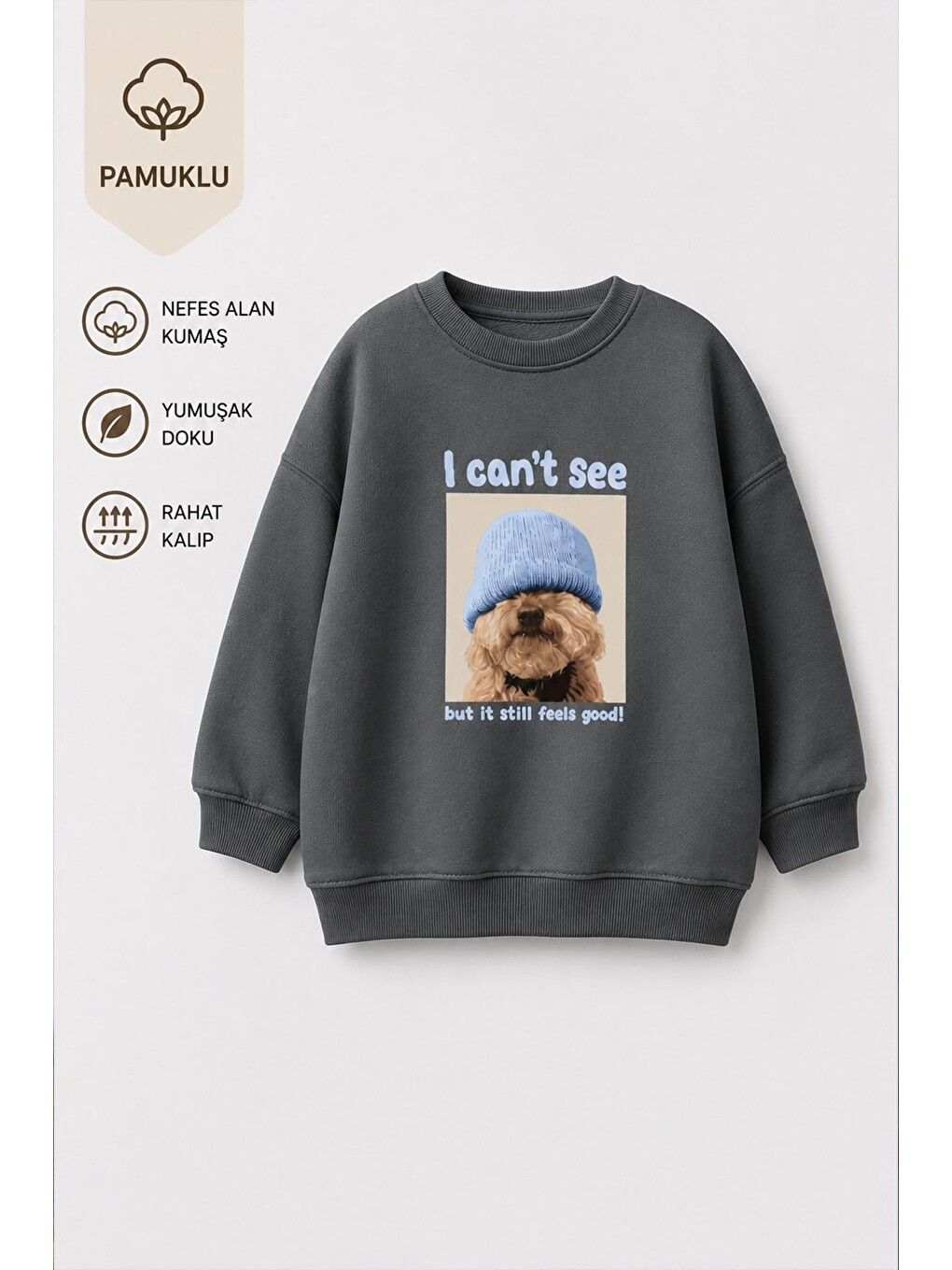 Antrasit Unisex Çocuk 3 İplik Kumaş Köpek Baskılı Pamuklu Sweatshirt-1