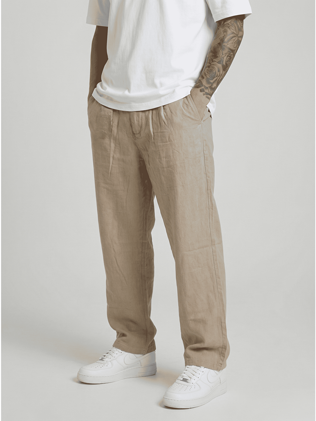 Erkek Beli Lastikli Rahat Kesim Keten Pantolon Bej