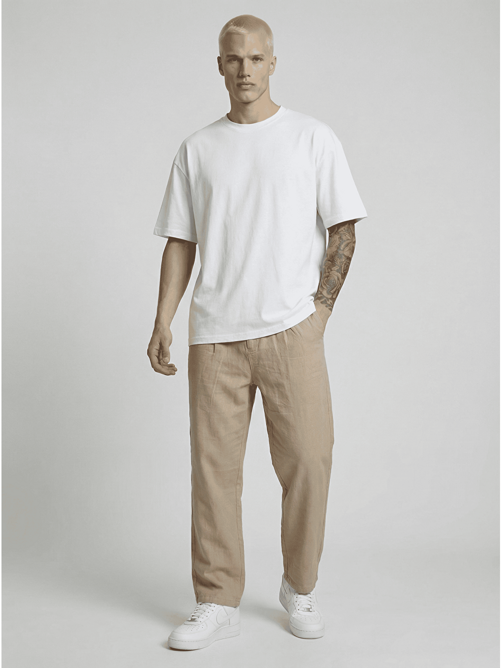 Erkek Beli Lastikli Rahat Kesim Keten Pantolon Bej-1