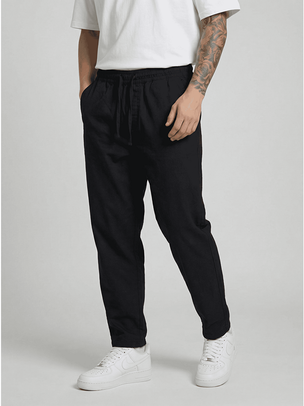 Erkek Beli Lastikli Bağcıklı Pamuk Keten Görünümlü Pantolon Siyah-1