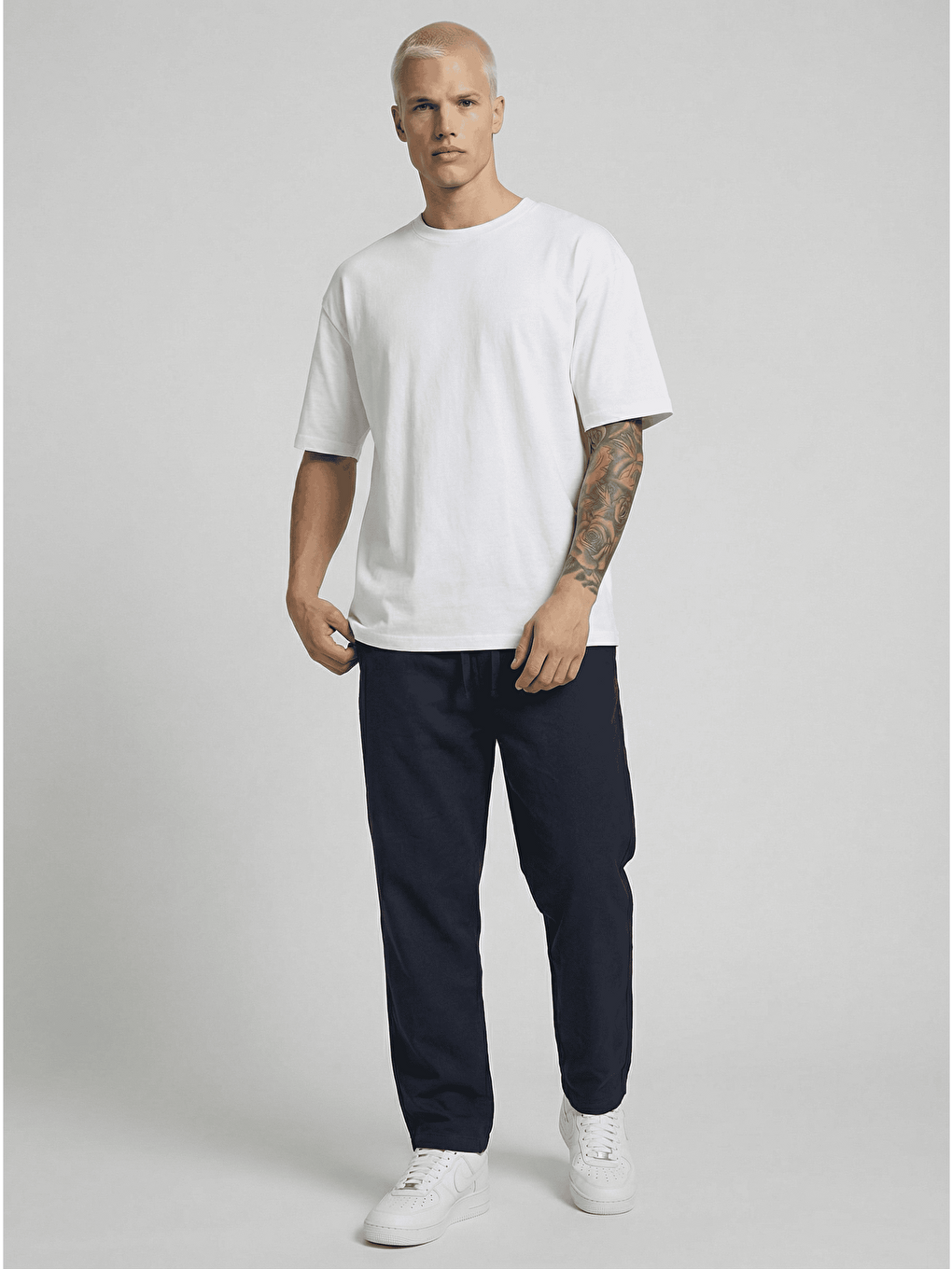 Erkek Beli Lastikli Bağcıklı Pamuk Keten Görünümlü Pantolon Lacivert-1